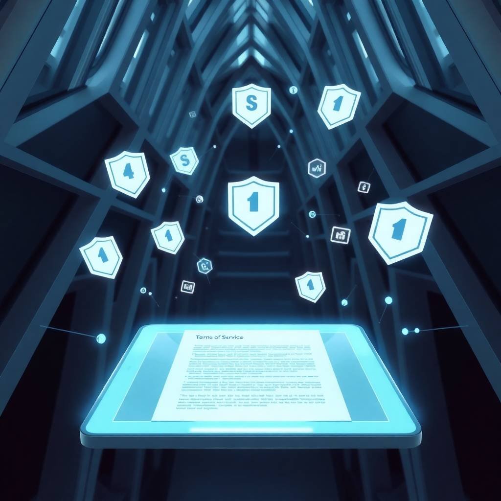 Futuristic digital interface displaying a terms of service agreement on a tablet with glowing shield icons and structured architecture