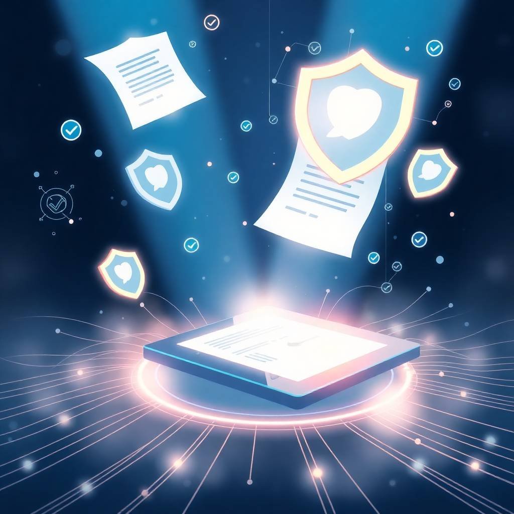 A futuristic digital illustration representing terms of service with floating legal documents and glowing shield icons.