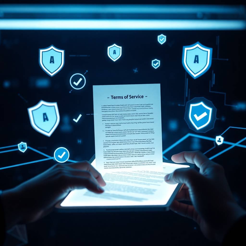 Hands interacting with a glowing tablet displaying a digital terms of service contract surrounded by futuristic shield icons