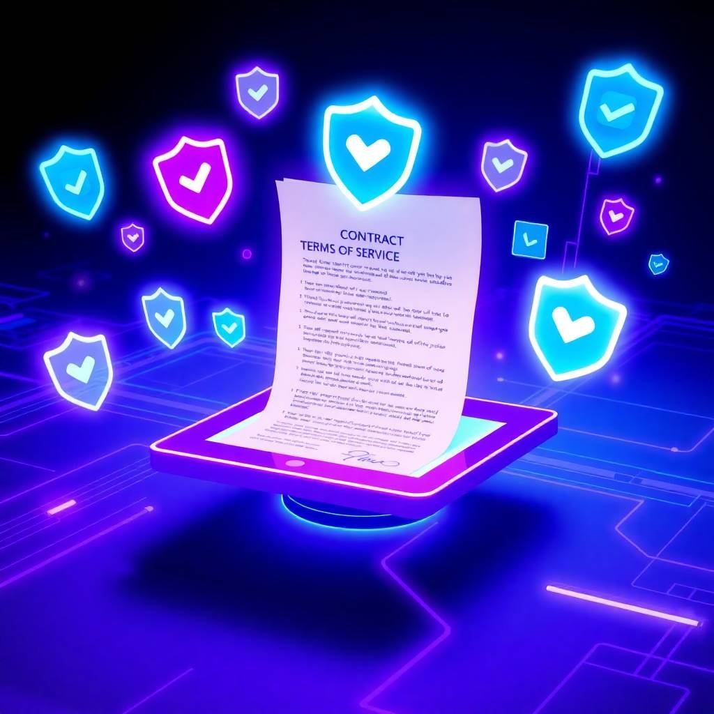 A futuristic digital illustration of a signed contract labeled terms of service with glowing shields and checkmarks.