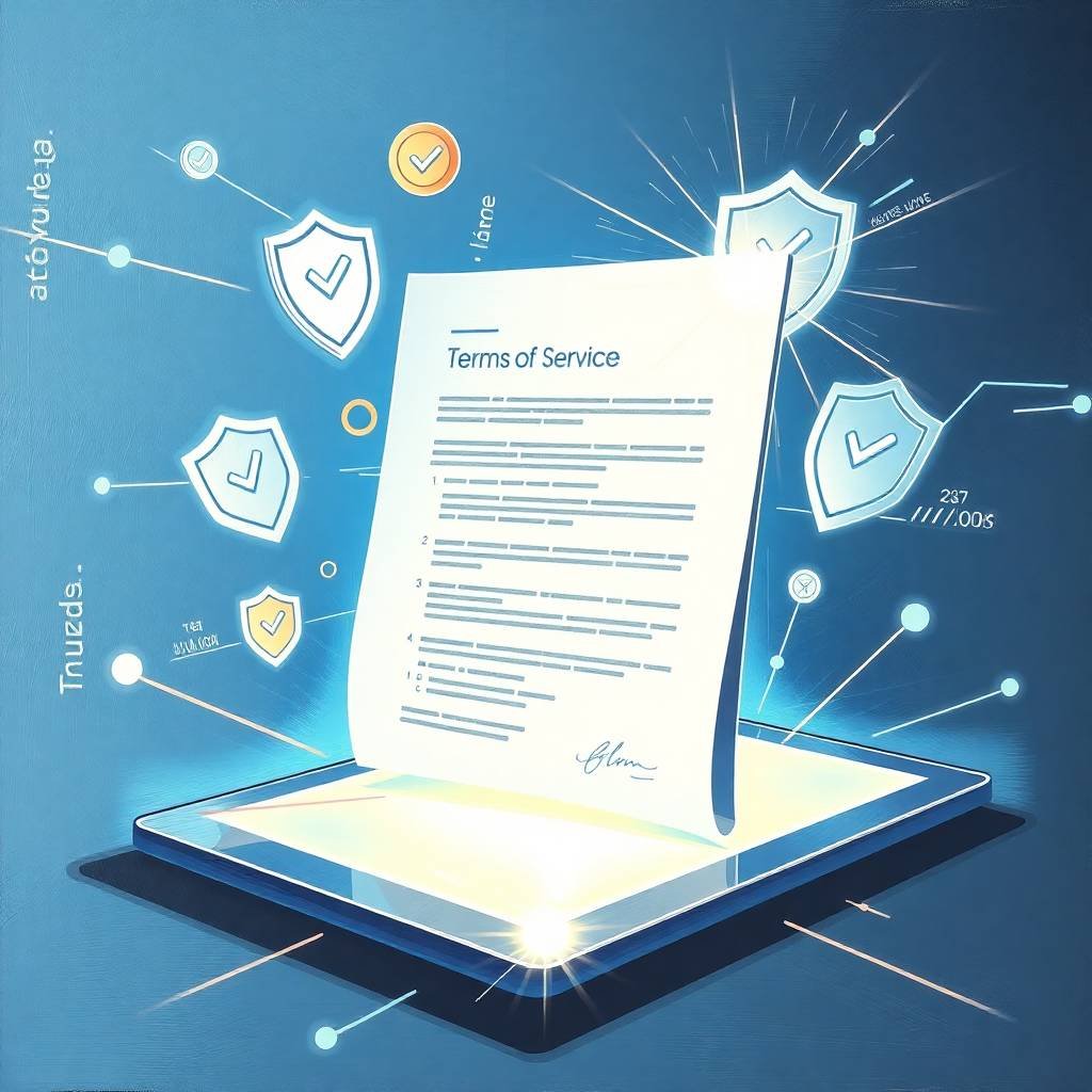 A bold futuristic illustration highlighting terms of service with a digital contract, shield icons, and checkmarks.