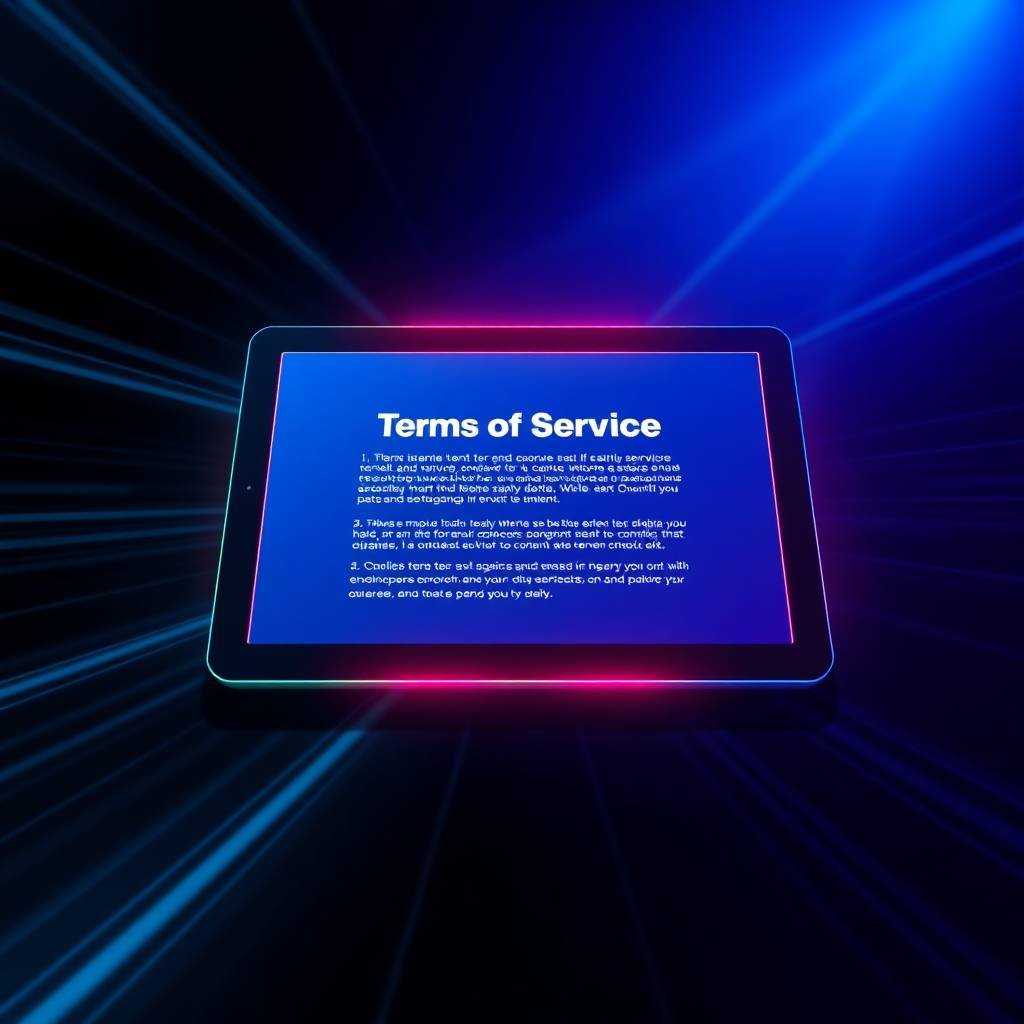 Illustration showing a futuristic digital contract tablet interface, themed around terms of service.
