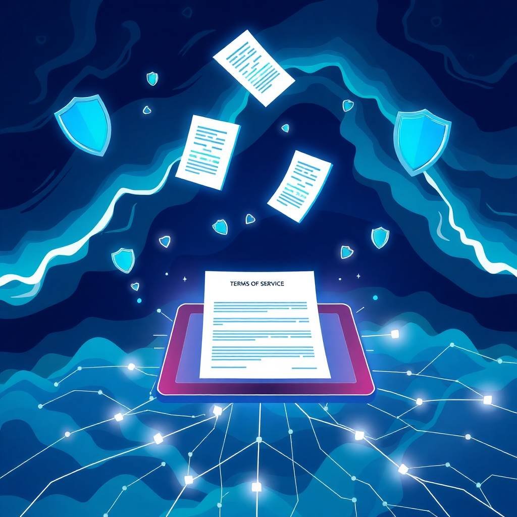 Digital network scene with floating documents and shield icons illustrating terms of service.