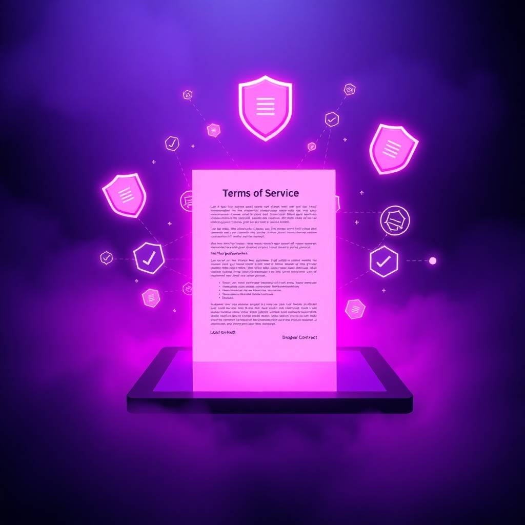Futuristic purple-themed illustration of a terms of service document glowing above a digital tablet with shield icons and data symbols.