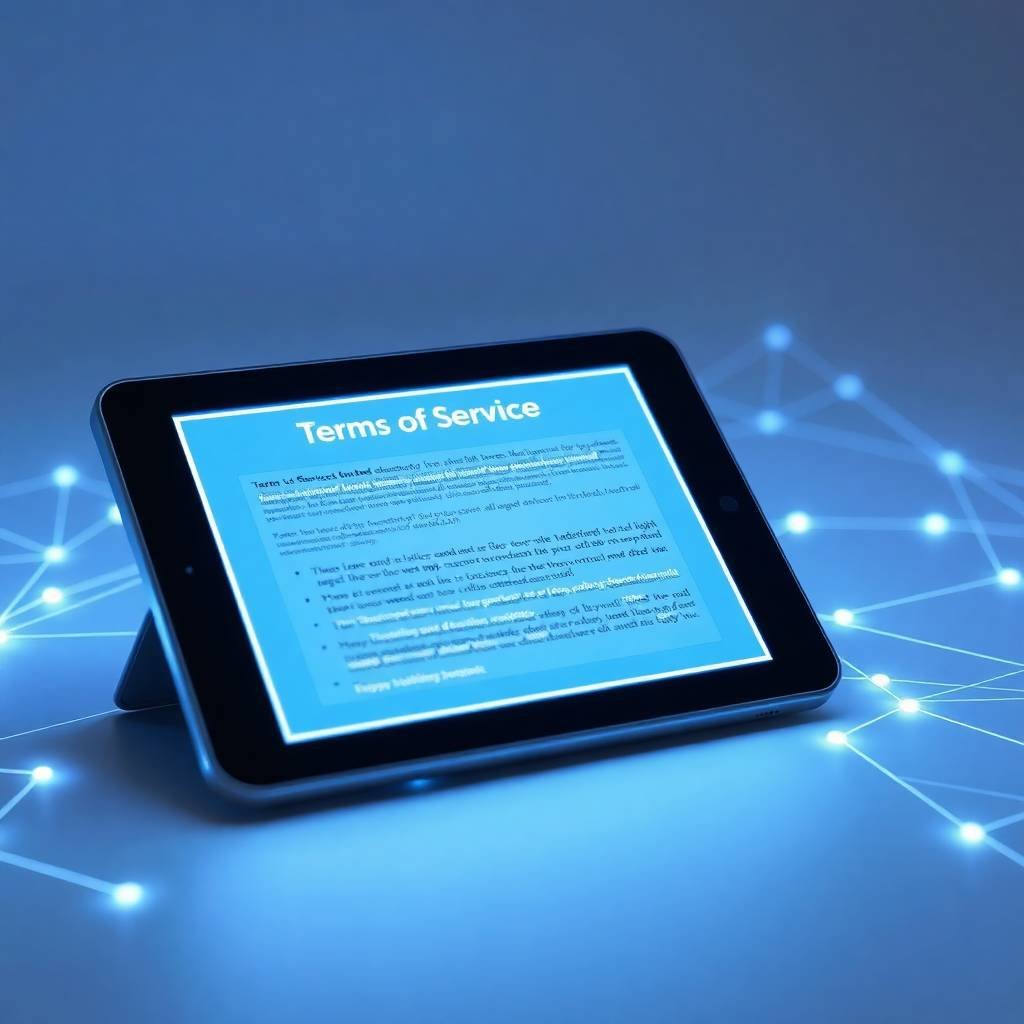A glowing digital tablet displaying the terms of service surrounded by a connected network of soft blue lights.