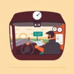 Flat design illustration of truck driver reviewing ELD and documents while driving at sunrise, reinforcing Hours-of-Service (HOS) Rules compliance.