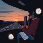 Truck driver uses an ELD device inside a semi-truck cab at dawn, demonstrating compliance with Hours-of-Service (HOS) Rules.