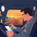 Truck driver checking ELD logbook inside a semi-truck cab at sunrise, demonstrating compliance with Hours-of-Service (HOS) Rules.