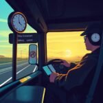 Truck driver using ELD device at sunrise while driving, reinforcing awareness of Hours-of-Service (HOS) Rules.