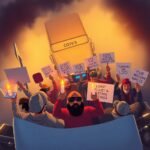 Top-down illustration of a candlelight protest led by truck drivers, symbolizing unity and Trucking Labor Activism in front of a semi-truck.