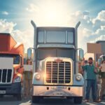 Truck drivers hold protest signs in a peaceful demonstration representing Trucking Labor Activism, with sunlight breaking through clouds behind semi-trucks.
