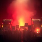 Truck drivers protest for fair working conditions in a powerful scene representing Trucking Labor Activism, with dramatic lighting and semi-trucks in the background.