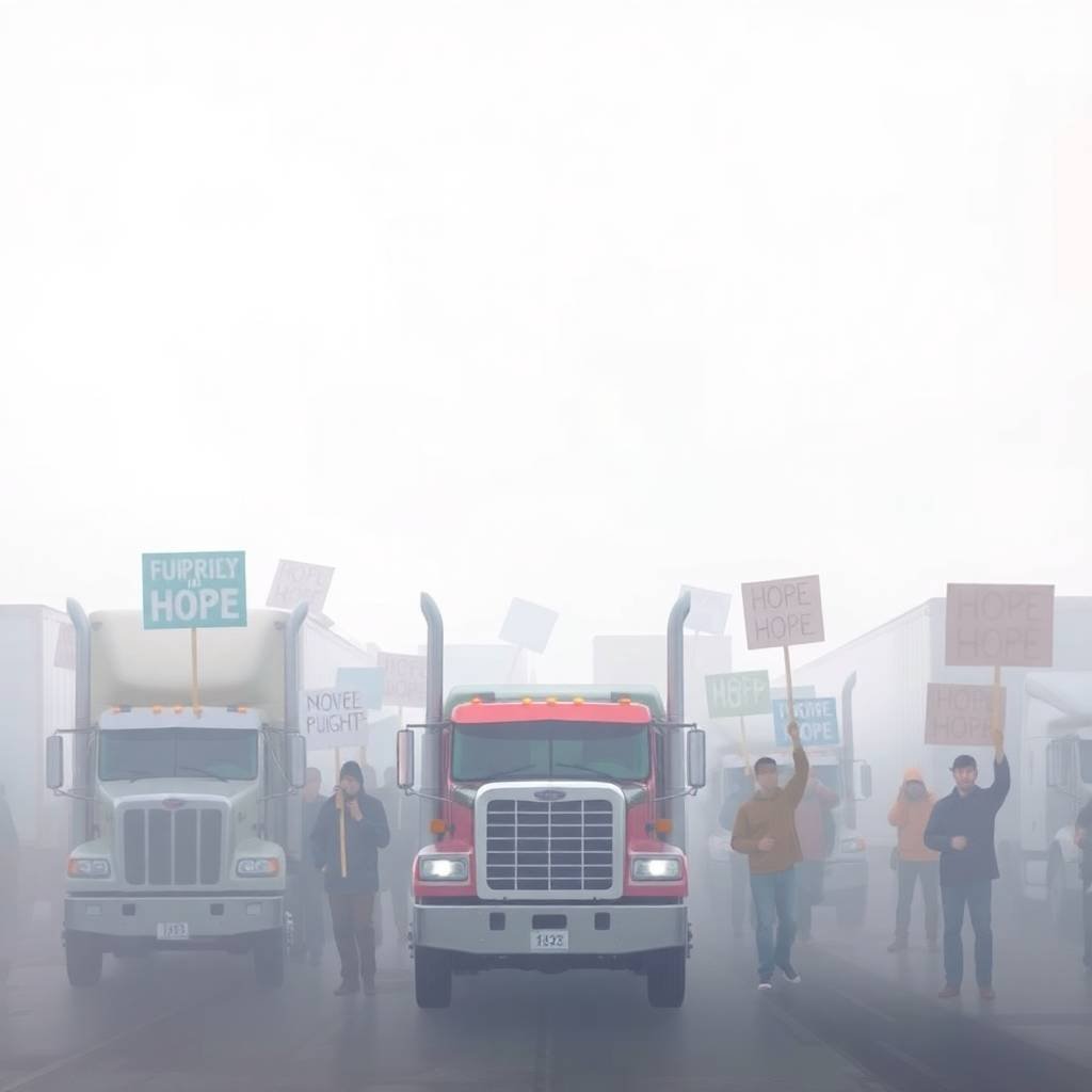 Truck drivers hold protest signs during a peaceful demonstration in dense fog, symbolizing unity and hope through Trucking Labor Activism.