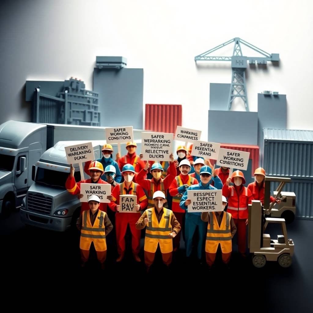 Origami-style illustration of transportation workers and truckers holding protest signs, symbolizing unity in Trucking Labor Activism.