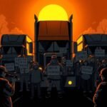 Illustration of Trucking Labor Activism showing truck drivers protesting in front of semi-trucks during sunset.