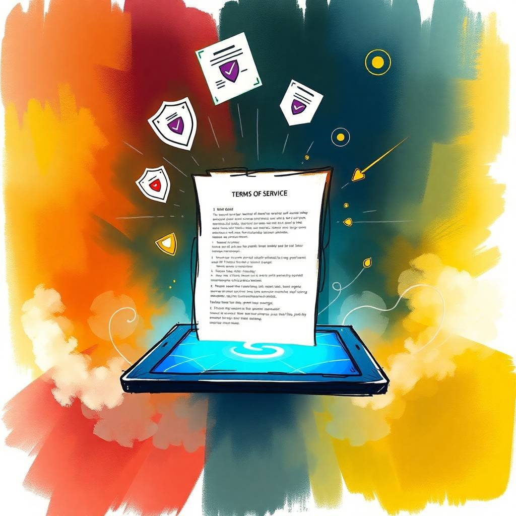 Colorful digital sketch showing a glowing tablet displaying the terms of service with floating legal documents and shield icons